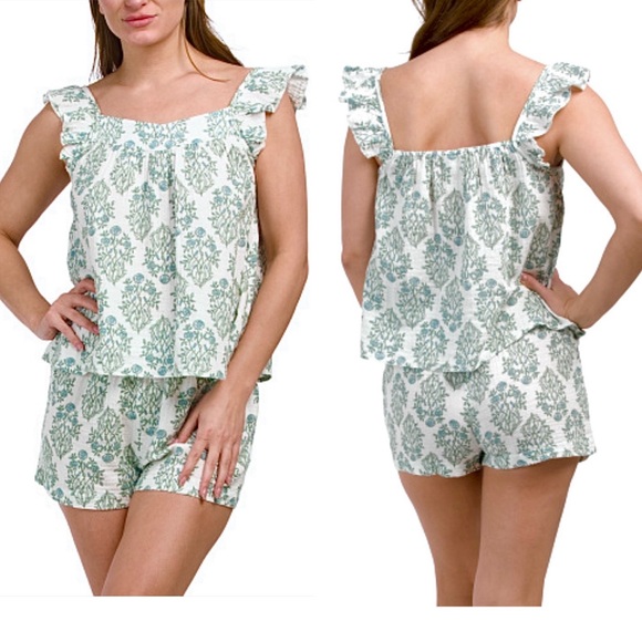Rachel Zoe Other - Rachel Zoe Pajama Set Sz Small Cotton White W/ Blue & Green Floral NEW W/ TAGS
